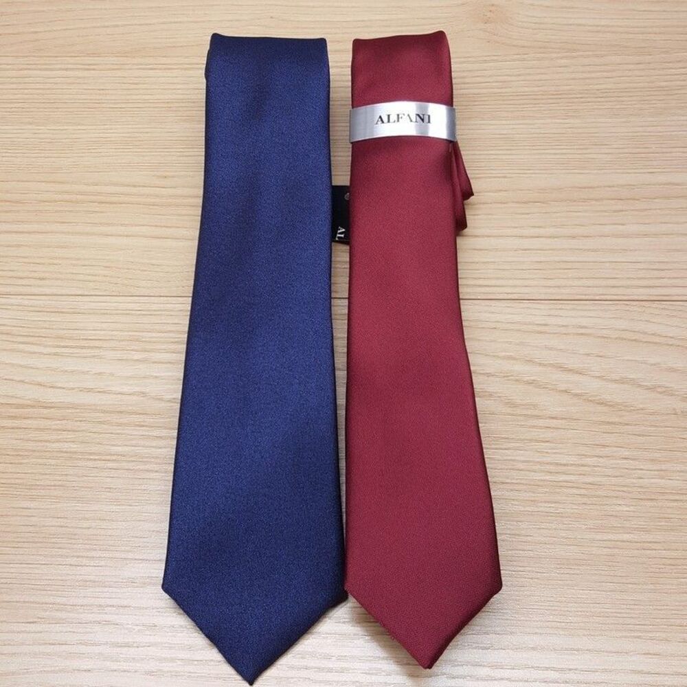 BAR ALFANI Mens Neck Tie Solid Navy Burgundy Slim Skinny Maroon Lot of 2 Necktie